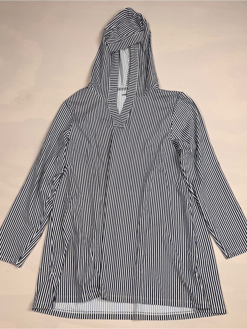 NWT Lands’ End UPF 50 Hooded Cover-Up Dress Blue White Stripe Women’s L MSRP $79